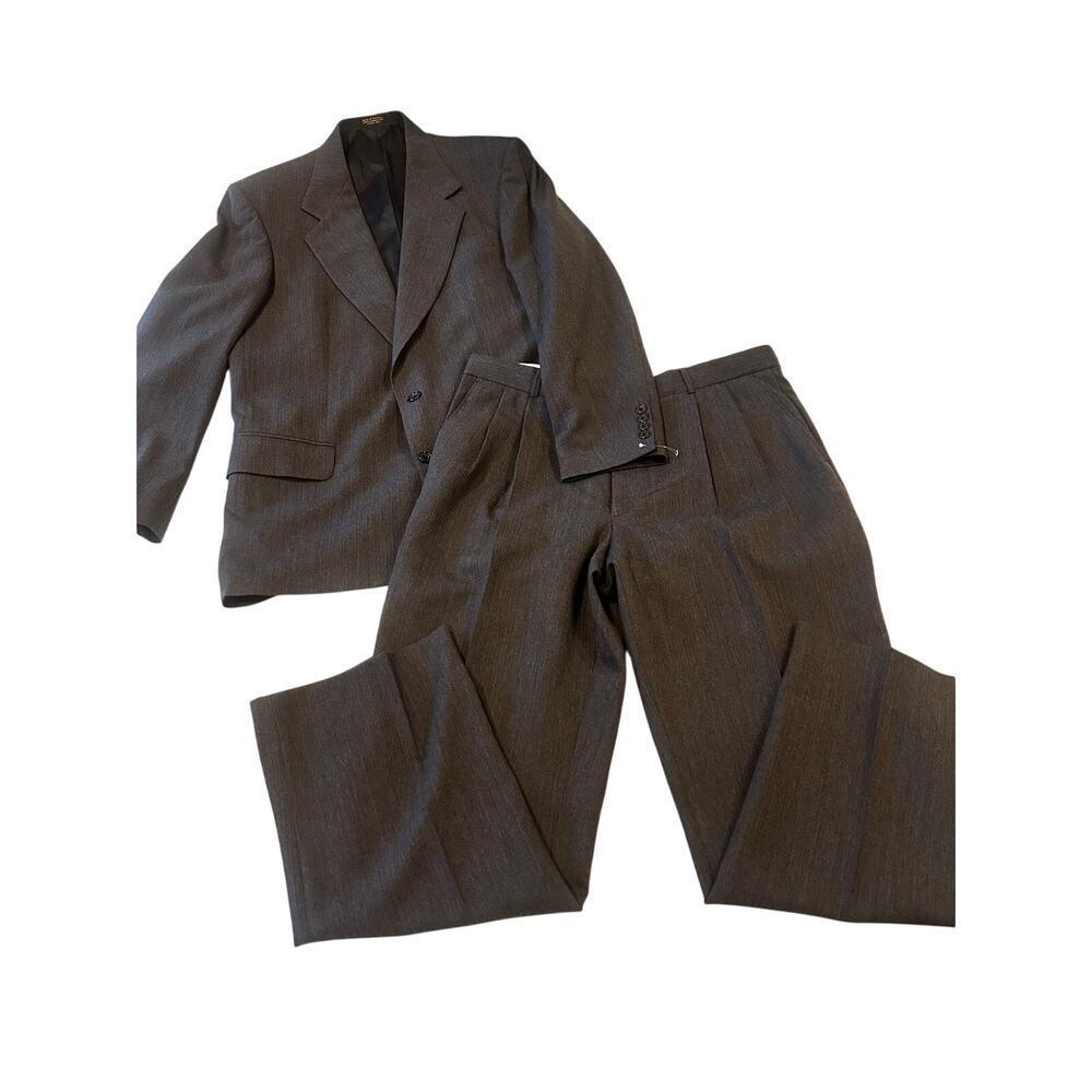 Oscar de la Renta Suit 42L Wool Charcoal Pleated Classic Mens